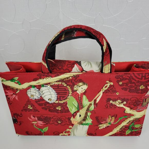 Modella Womens Handbag 11.5" x 8 Red Asian Motif Sequined Double Strap - Picture 5 of 15